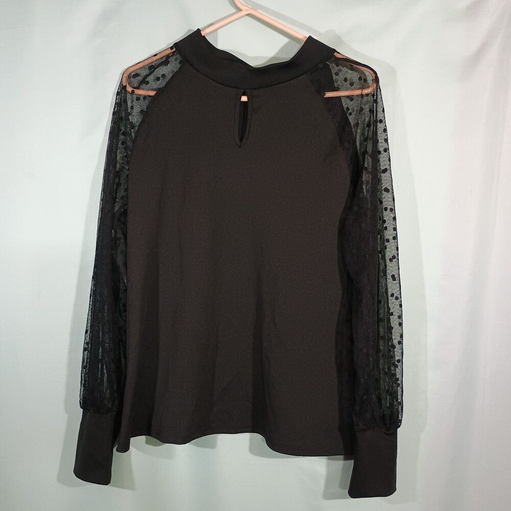 Lace Sleeve Blouse Sheer Polka Dot Mesh High Neck Keyhole Back Elegant Blouse